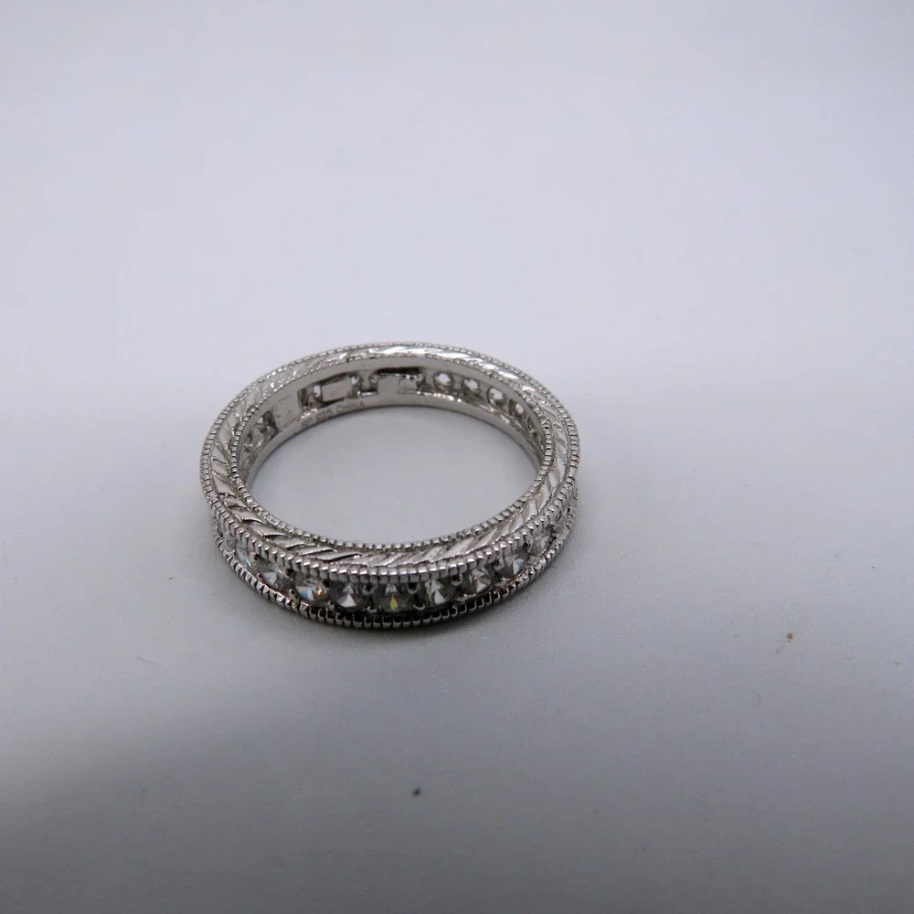 Silver Tone Eternity Band Ring Milgrain Clear Stone Size 6.5